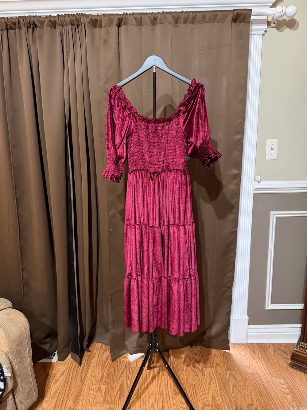 Smocked Burgundy Maxi Dress with Puff Sleeves and Tiered Skirt